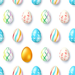 Easter ornament from painted eggs and one gold. Symbol of unique. Seamless pattern. Vector 3d illustration