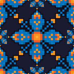 Beautiful blue pixel flowers isolated on blue background. Cute floral seamless pattern. Vector flat graphic illustration. Texture.