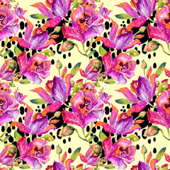Seamless pattern of bright watercolor orchid