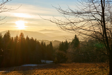 Obraz premium Fantastic winter landscape during sunset in the Tatra Mountains, Poland. Colorful sky glowing by sunlight. 