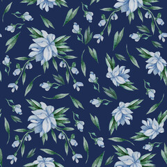Seamless patterns. Blue flowers, buds and leaves on a dark blue background. Watercolor. Floral Patterns For holiday designs, decor, packaging, textiles and wallpaper