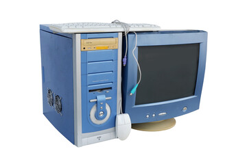 Old computer hardware, Electronic waste isolated on white background, Reuse and Recycle concept.