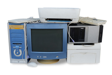 Pile of old computer hardware, Electronic waste isolated on white background, Reuse and Recycle...