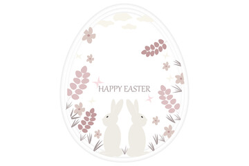 Vector Easter composition in pastel colors. In a chicken egg, rabbits in flowers and butterflies.