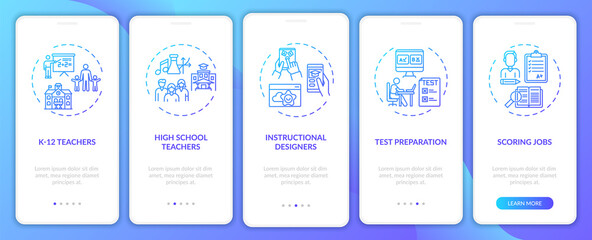 Online teaching jobs types onboarding mobile app page screen with concepts. Test preparation walkthrough 5 steps graphic instructions. UI vector template with RGB color illustrations