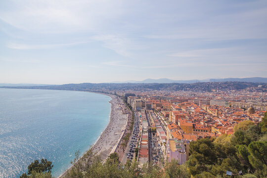 View over Nice, France in the French Riviera from Bellanda Tower in Colline du Chateau city park.