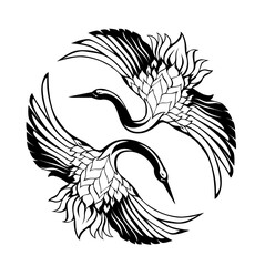pair of japanese cranes flying with spread wings - elegant asian bird black and white vector design