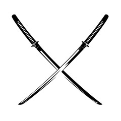 two japanese katana swords with crossed blades - traditional samurai warrior weapon black and white vector design