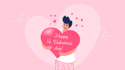 Happy smiling man hugging heart symbol as Valentines greeting card. Flat vector illustration of people who fell in love and celebrating Saint Valentines day. Romantic sweet banner on rose background