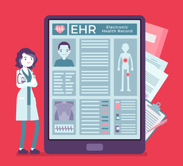 Electronic health record, EHR digital patient tablet chart, female doctor. New technology to replace paper clinical data, medical treatment history application. Vector creative stylized illustration