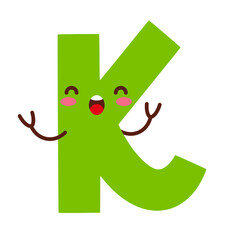 Letter k. Funny character with cute face. Design for kids room, poster, nursery typography.