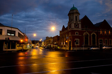 Fototapeta na wymiar Church and cityscape at sunset. Dunedin. Otago. South Island. New Zealand.