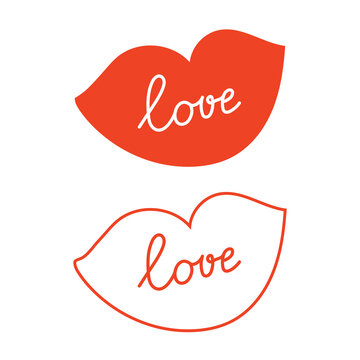 Love lettering on the silhouette of the lips kiss in red on a white background. Vector illustration.