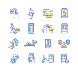 Gadget addiction RGB color icons set. Online texting. Social media addict. Smartphone screen with application. Digital device. Internet communication. Isolated vector illustrations