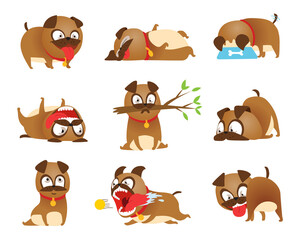 Puppy activity set. Cartoon dog set. Dogs tricks icons and action training digging dirt eating pet food jumping wiggle sleeping running and barking brown happy cute animal poses.