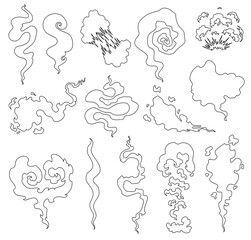 Cartoon smoke and dust clouds. Comic puff and steam set. Comic white stench aroma or smell illustration.