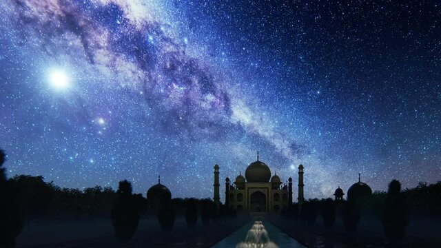 Taj Mahal silhouette against starry sky, panning