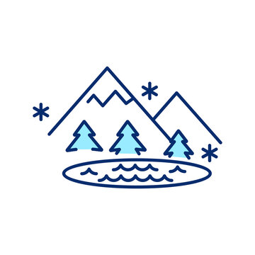 blue mountains, trees, lake, snowflakes clip art preview
