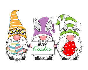 Happy easter card. Gnomes with easter eggs. Isolated vector