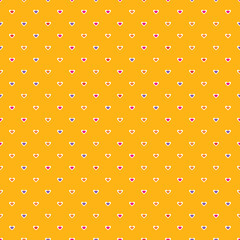 Little pollka dots style hearts seamless vector pattern on bright yellow background. Love themed surface print design for fabrics, stationery, scrapbook paper, gift wrap, textiles, and packaging.