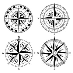 Wind rose retro design collection. Vintage nautical or marine wind rose and compass icons set, for travel, navigation design