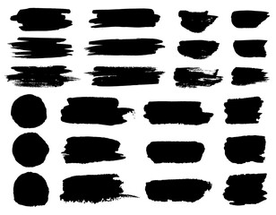 black paint brush spots, highlighter lines or felt-tip pen marker horizontal blobs. Marker pen or brushstrokes and dashes. Ink smudge abstract shape stains and smear set with texture - obrazy, fototapety, plakaty