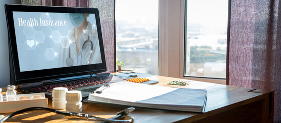 Medical insurance. The patient enters into a contract policy for medical care online, remotely. Medicine online in coronavirus covid 19, lockdown, quarantine