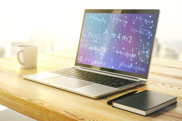 Fototapeta premium Creative scientific formula hologram on modern laptop monitor, research concept. 3D Rendering