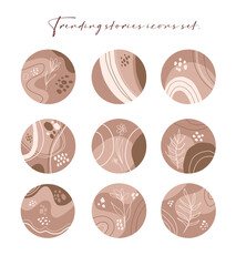 Set of various abstract highlight cover stories for Instagram. Round icons for social media. Hand drawing of dots, lines, patterns, spots, geometric shapes and botanicals