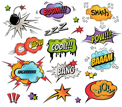 Comic speech bubbles and splashes set with different emotions and text bright dynamic cartoon illustrations isolated on white background