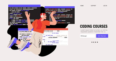 Programmer working on web development on computer. Concept of script coding and programming in python, javascript, PHP, HTML, CSS. Mobile app and computer software developing courses banner.
