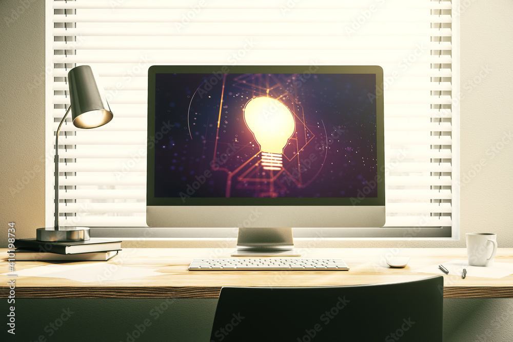 Poster Creative light bulb illustration on modern computer monitor, future technology concept. 3D Rendering