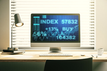 Modern computer monitor with abstract creative financial chart, research and strategy concept. 3D Rendering