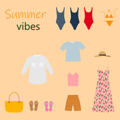 Female summer clothes collection. Vector flat cartoon illustration. Stylish travel clothing, isolated on white background. Fashion boutique