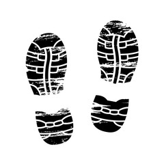 Footprints and shoeprints icons in black and white showing bare feet and the imprint of the soles with the differing patterns of male and female footwear with shoes boots