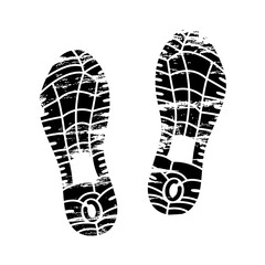 Footprints and shoeprints icon in black and white showing bare feet and the imprint of the soles with patterns of male and female footwear. Shoes boots imprint