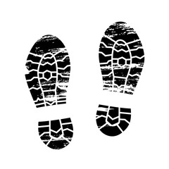 Footprints and shoeprints icon in black and white showing bare feet and the imprint of the soles with patterns of male and female footwear. Shoes boots imprint