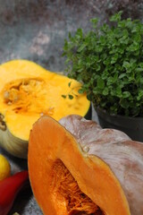 orange cut pumpkins in different shades, fresh oregano in a pot, healthy vegetables with beta carotene