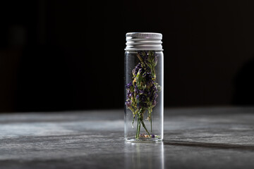 Flask with dried purple flowers
