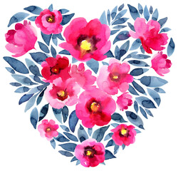 Heart shape with watercolor pink poppies  flowers and leaves. Symbol of Valentine day. Card template