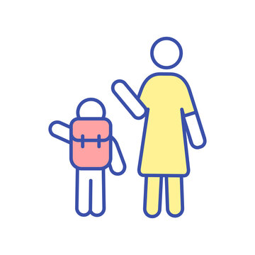 Parent seeing off child to school RGB color icon. Mother send kid with backpack to preschool. Woman waving goodbye tos son. Schoolboy go to classes. Happy family. Isolated vector illustration