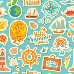 Obraz na płótnie Canvas Seamless pattern on the theme of travel and vacation. Repeating vector background with stickers or magnets. Set of sea summer icons on a blue backdrop in retro style