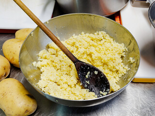 Mashed potatoes in a pan, top view