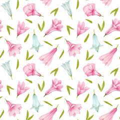 Watercolor seamless pattern with exotic pink and blue flowers and green leaves on white background