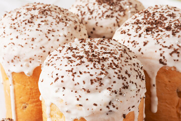 Orthodox Easter. Easter cakes. Traditional Kulich, Paska Easter Bread. Side view. Close up