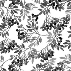 Fototapeta na wymiar Seamless monochrome pattern of rowan branch with berries for your design