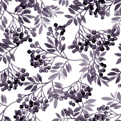 Seamless monochrome pattern of rowan branch with berries for your design
