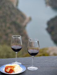 Tasting of Portuguese red dry wine, produced in Douro Valley with goat and sheep cheese and Douro river and terraced vineyards on background in autumn, Portugal