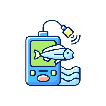 recommend clip art: Fish finder RGB color icon. Fishers equipment. Hobby and leisure activity. Way to find fish. Efficient fishing. Basic fishing gear. Hobby and leasure activities. Isolated vector illustration