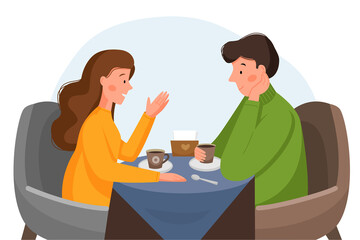 A guy and a girl are sitting in a cafe, drinking coffee and talking. Man and woman in a cafe. First date. Meeting of friends.